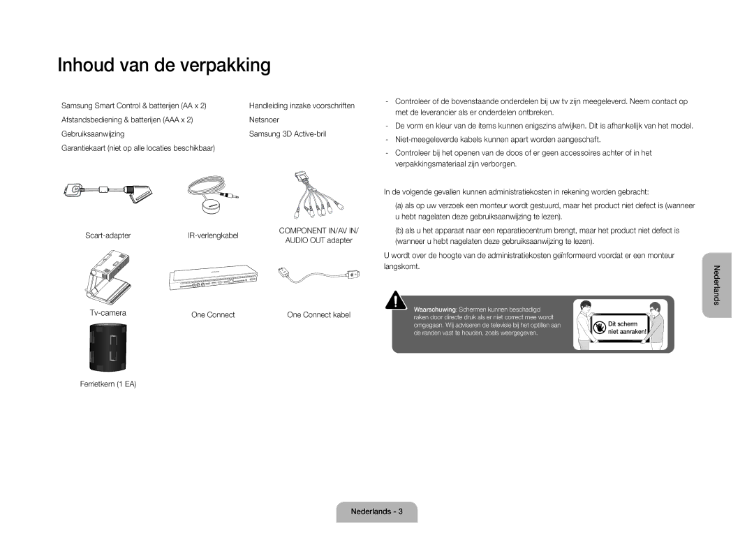 Samsung UE105S9WALXZF manual Inhoud van de verpakking, Samsung Smart Control & batterijen AA x, Tv-camera One Connect 