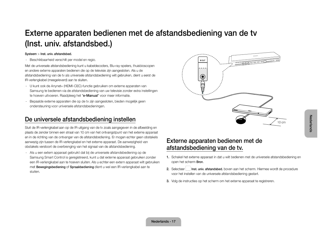 Samsung UE105S9WALXZF manual De universele afstandsbediening instellen, Beschikbaarheid verschilt per model en regio 