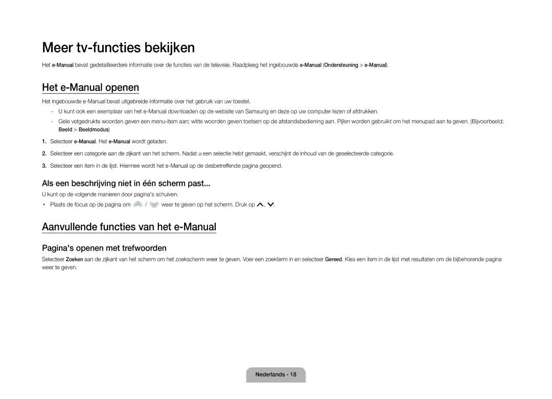 Samsung UE105S9WALXZF manual Meer tv-functies bekijken, Het e-Manual openen, Aanvullende functies van het e-Manual 