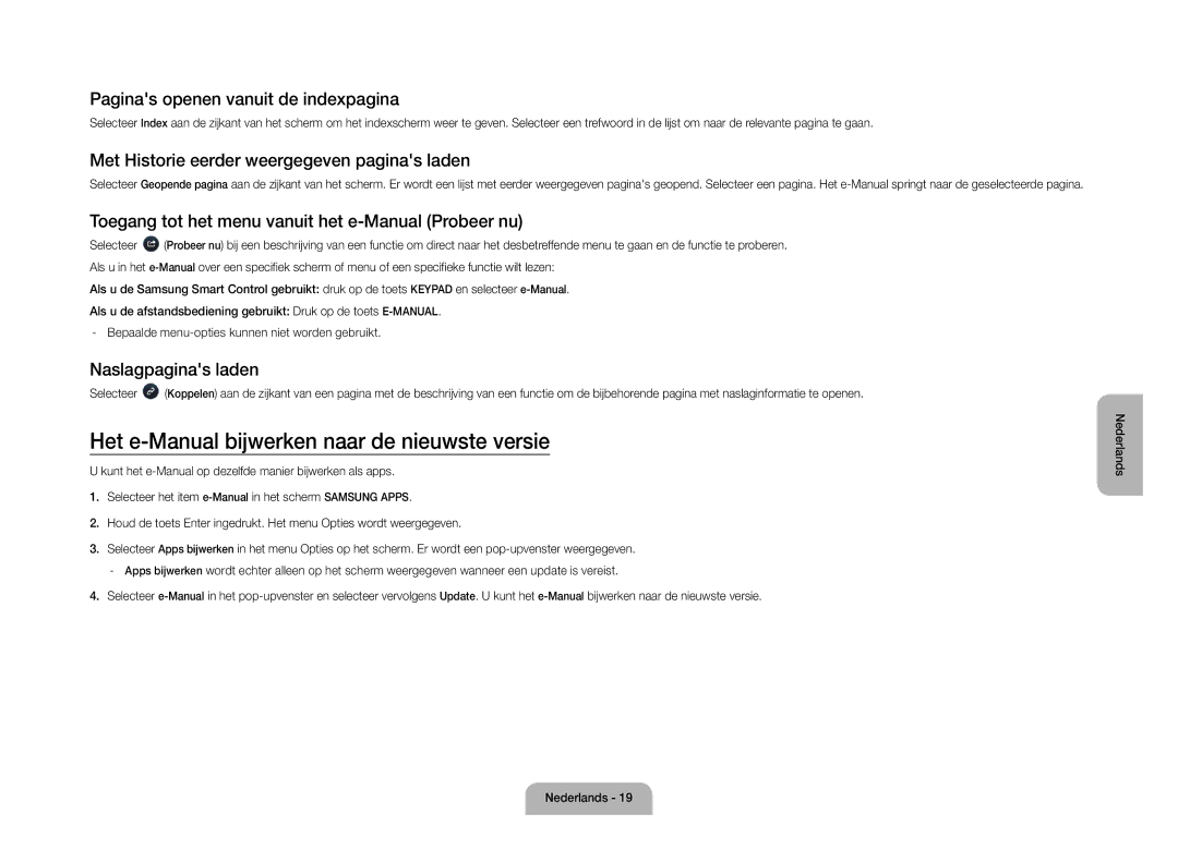 Samsung UE105S9WALXZF manual Het e-Manual bijwerken naar de nieuwste versie, Paginas openen vanuit de indexpagina 
