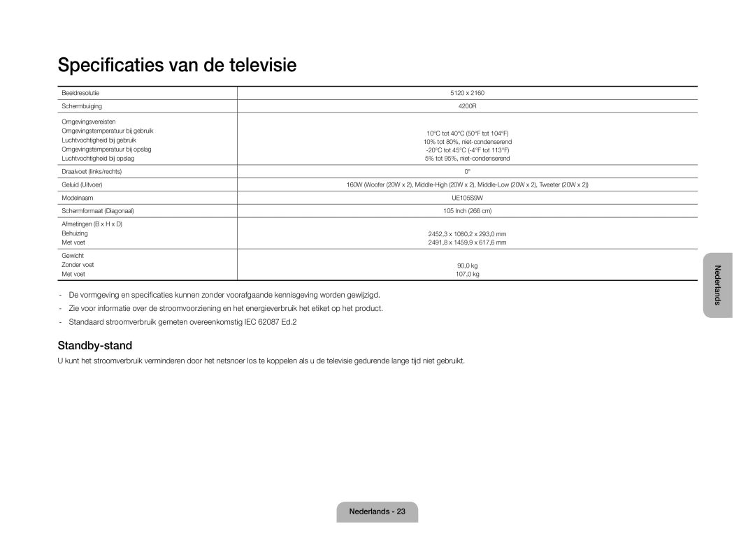 Samsung UE105S9WALXZF manual Specificaties van de televisie, Standby-stand 