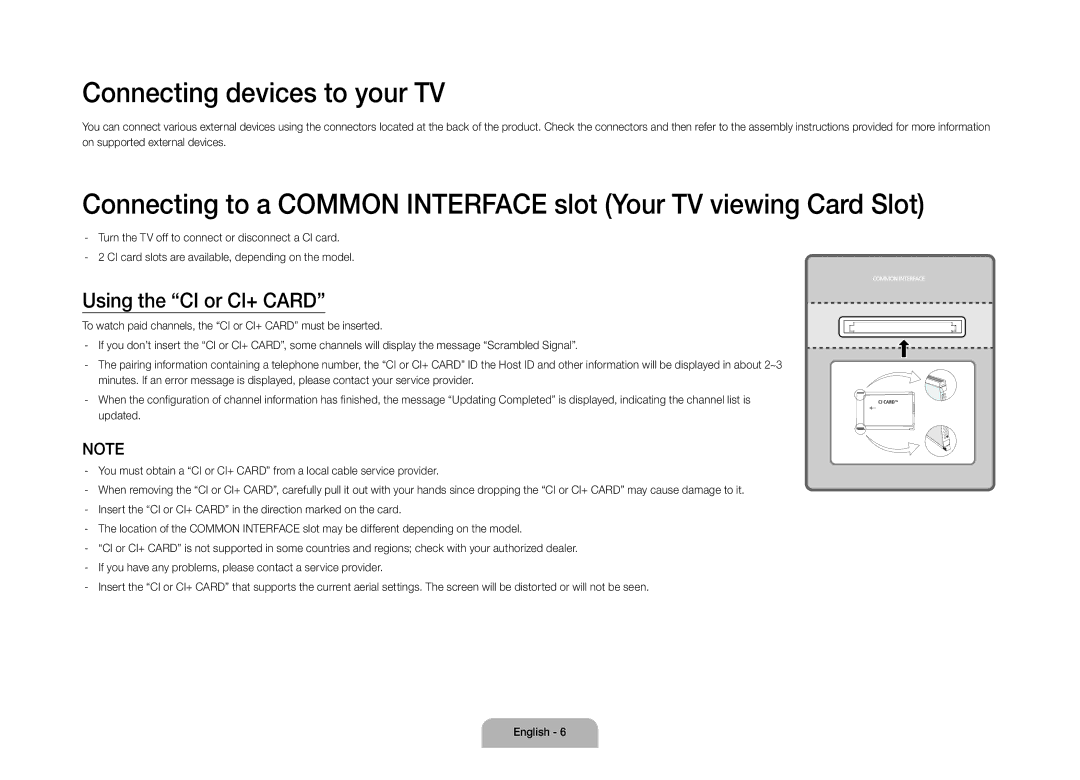 Samsung UE105S9WATXRU manual Connecting devices to your TV, Using the CI or CI+ Card 