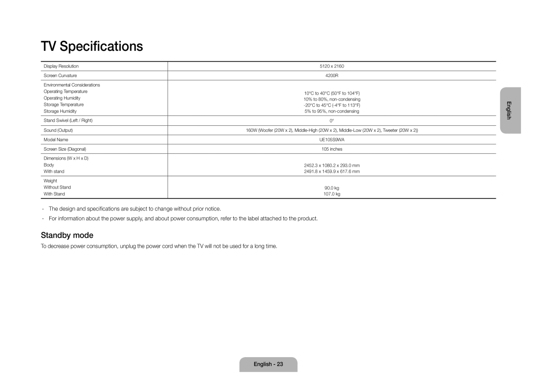 Samsung UE105S9WATXRU manual TV Specifications, Standby mode 