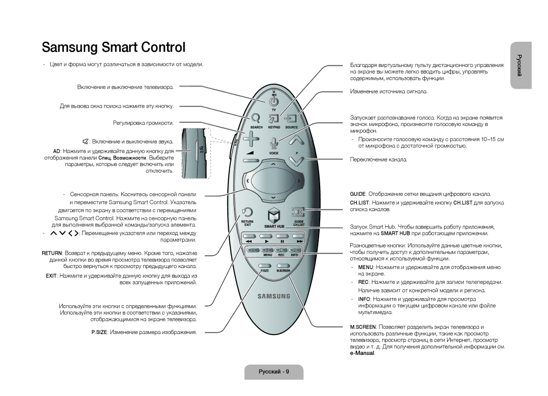 Samsung UE105S9WATXRU manual Samsung Smart Control, ¡ £ Перемещение указателя или переход между параметрами 