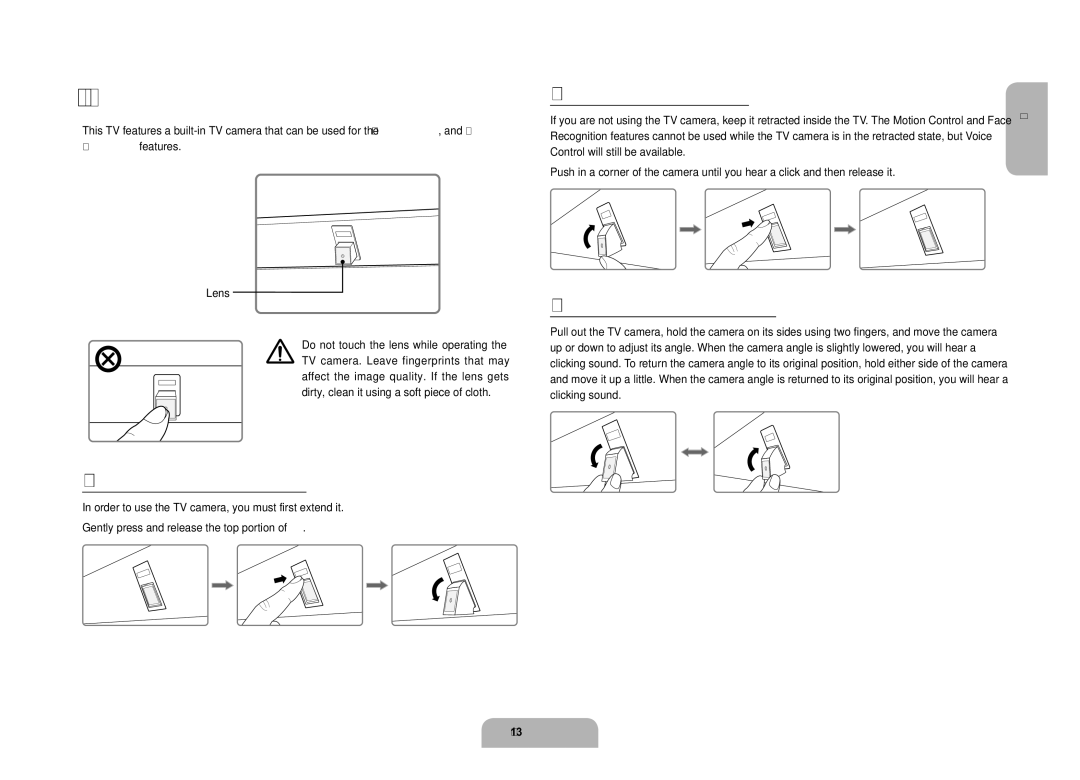 Samsung UE110S9STXZG Built-in TV Camera, Extending the TV Camera, Retracting the Camera, Camera angle adjustment, Lens 