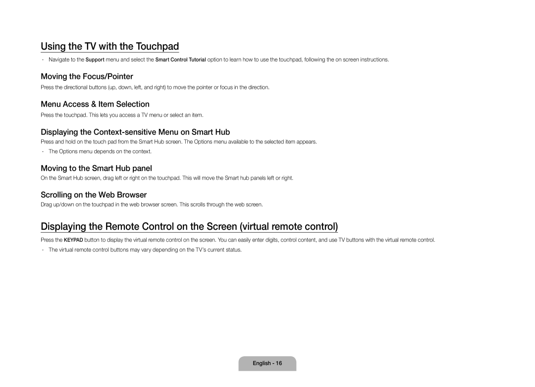 Samsung UE110S9STXZG manual Using the TV with the Touchpad 