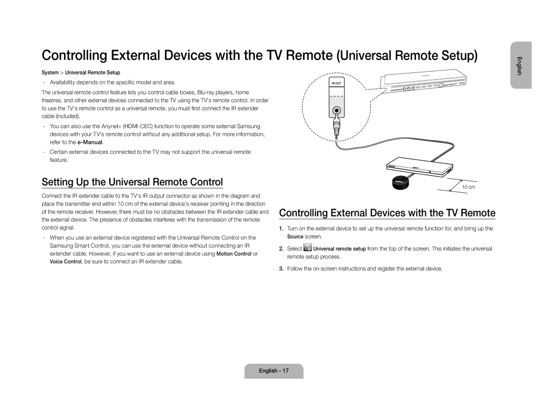 Samsung UE110S9STXZG manual Setting Up the Universal Remote Control, Controlling External Devices with the TV Remote 