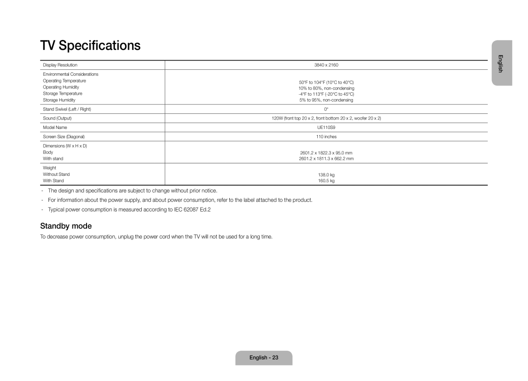 Samsung UE110S9STXZG manual TV Specifications, Standby mode 