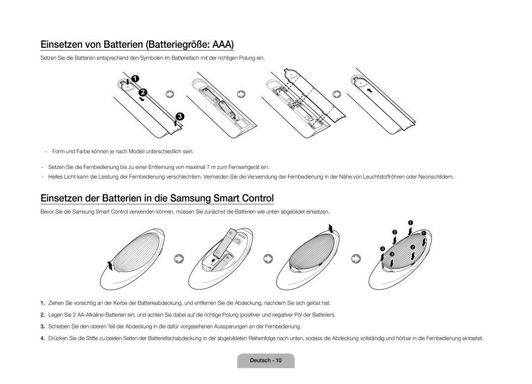 Samsung UE110S9STXZG manual Einsetzen von Batterien Batteriegröße AAA, Einsetzen der Batterien in die Samsung Smart Control 