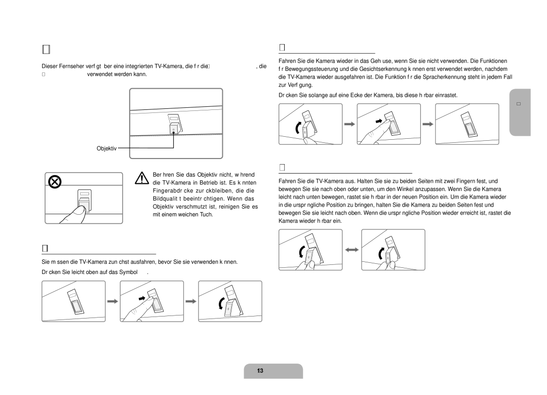 Samsung UE110S9STXZG manual Eingebaute TV-Kamera, Einfahren der Kamera, Ausfahren der TV-Kamera, Anpassen des Kamerawinkels 