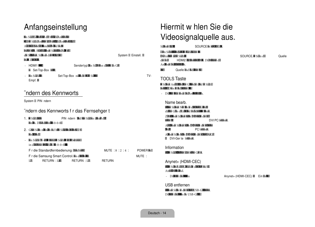 Samsung UE110S9STXZG Anfangseinstellung, Hiermit wählen Sie die Videosignalquelle aus, Ändern des Kennworts, Tools Taste 