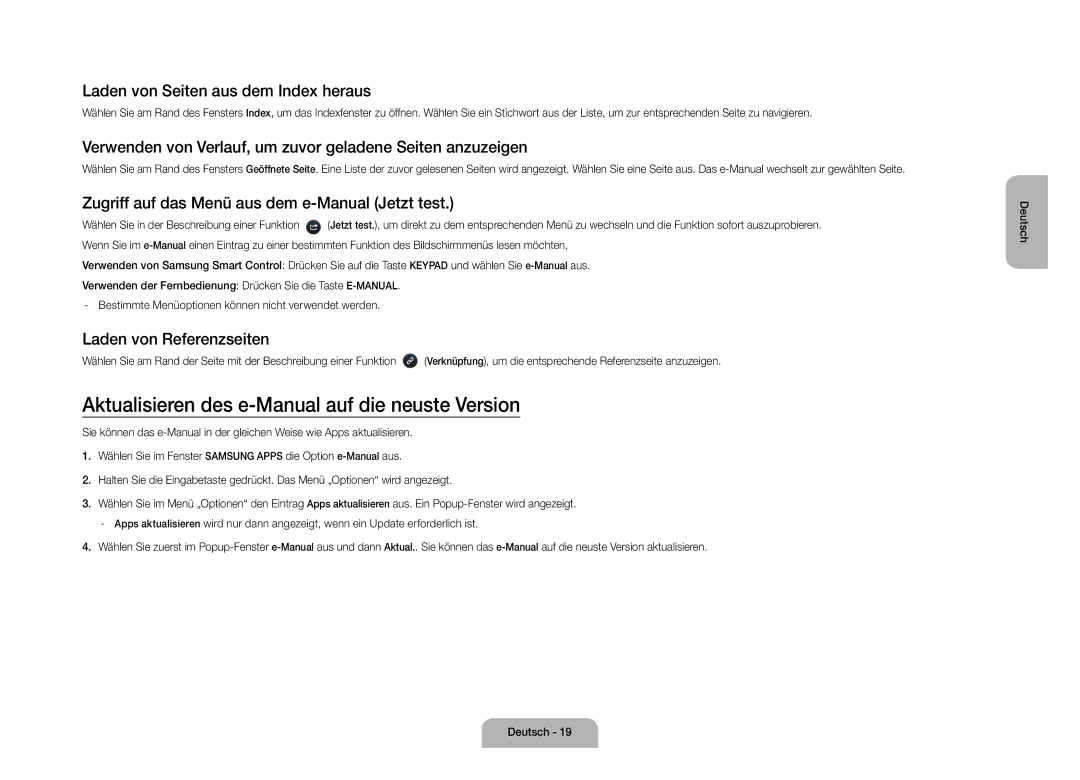 Samsung UE110S9STXZG manual Aktualisieren des e-Manual auf die neuste Version, Laden von Seiten aus dem Index heraus 