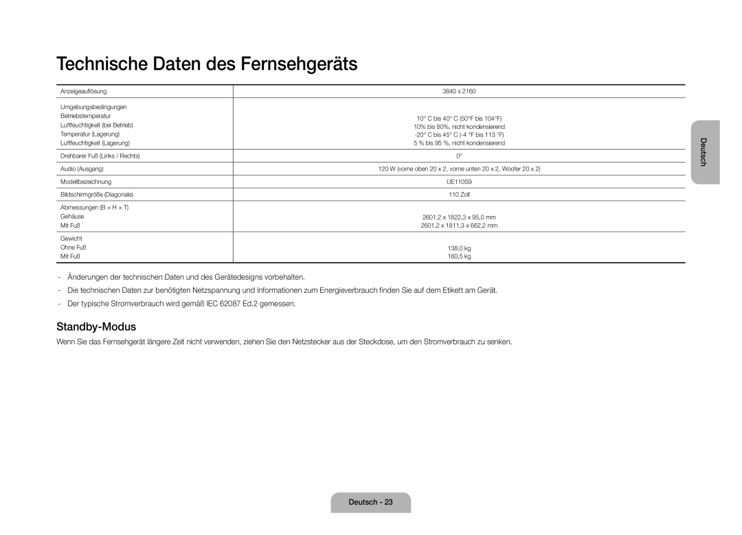 Samsung UE110S9STXZG manual Technische Daten des Fernsehgeräts, Standby-Modus 