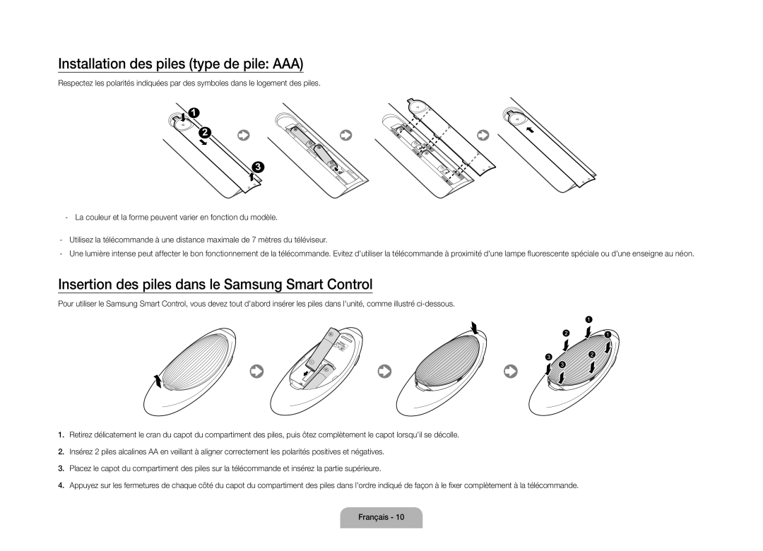 Samsung UE110S9STXZG manual Installation des piles type de pile AAA, Insertion des piles dans le Samsung Smart Control 