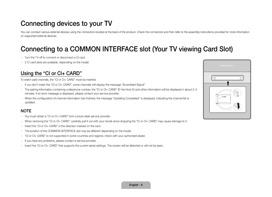 Samsung UE110S9STXZG manual Connecting devices to your TV, Using the CI or CI+ Card 