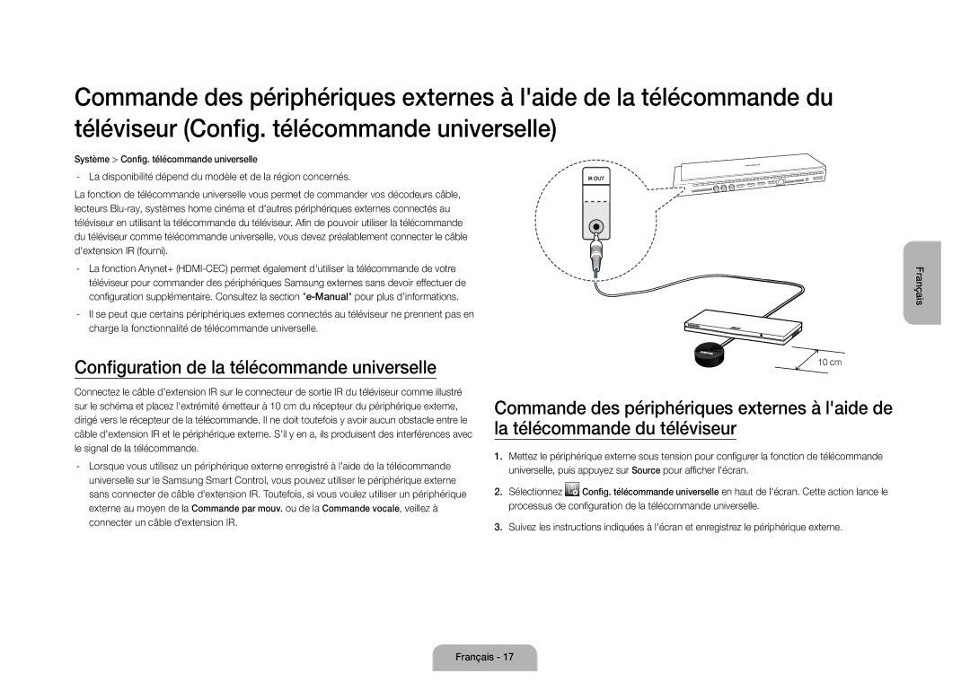 Samsung UE110S9STXZG manual Configuration de la télécommande universelle 