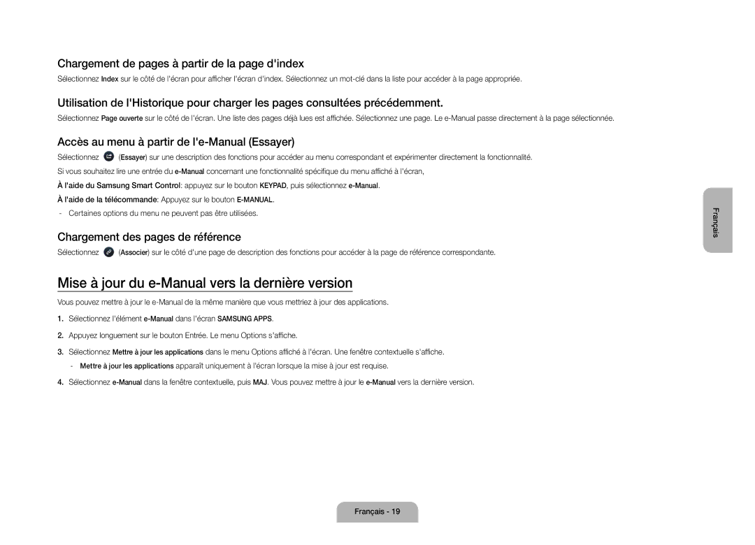 Samsung UE110S9STXZG Mise à jour du e-Manual vers la dernière version, Chargement de pages à partir de la page dindex 