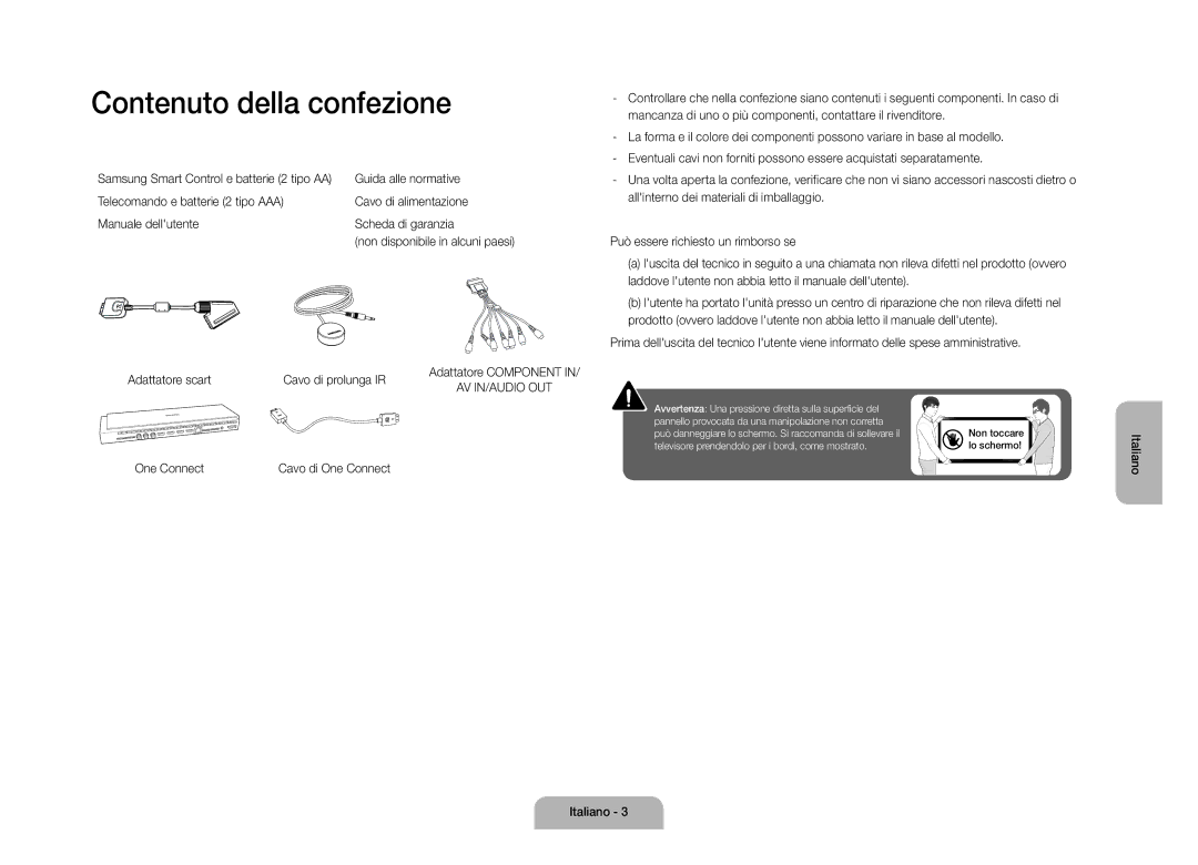 Samsung UE110S9STXZG manual Contenuto della confezione, Guida alle normative, Adattatore scart Cavo di prolunga IR 