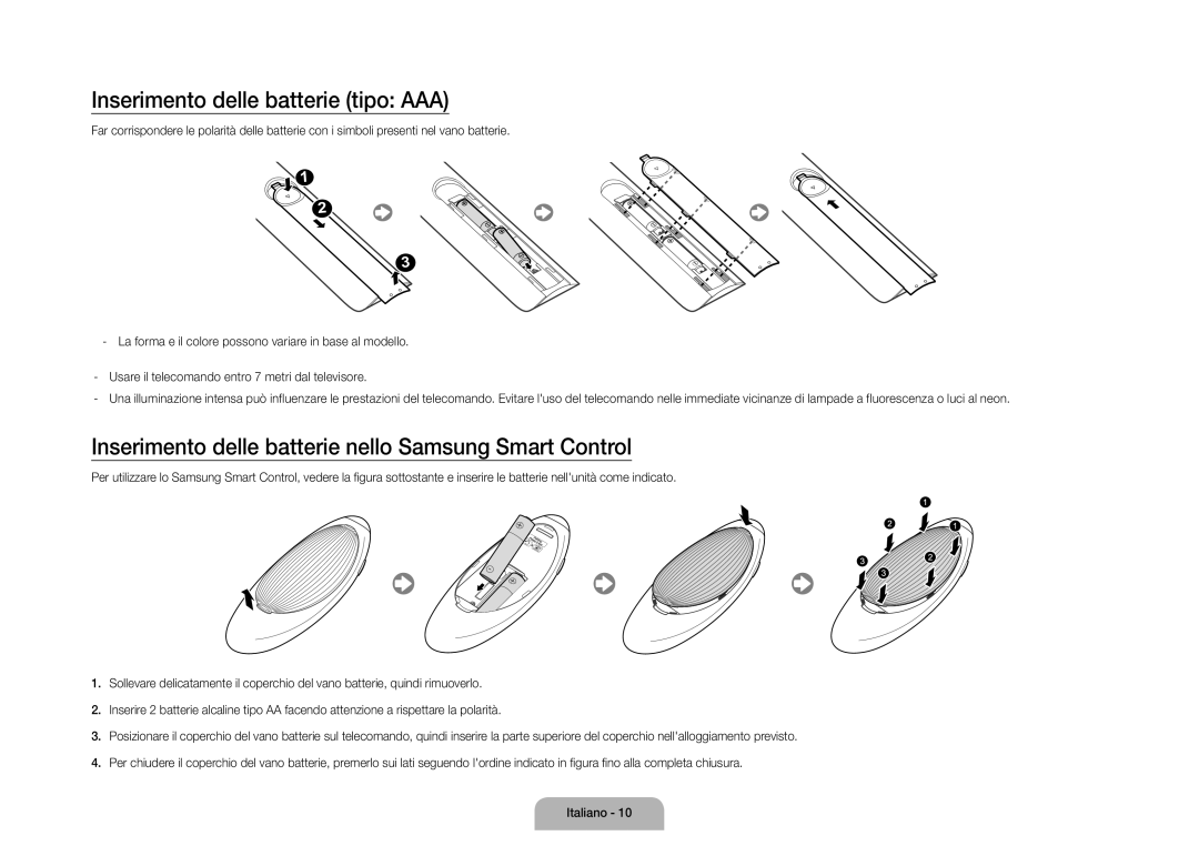 Samsung UE110S9STXZG manual Inserimento delle batterie tipo AAA, Inserimento delle batterie nello Samsung Smart Control 