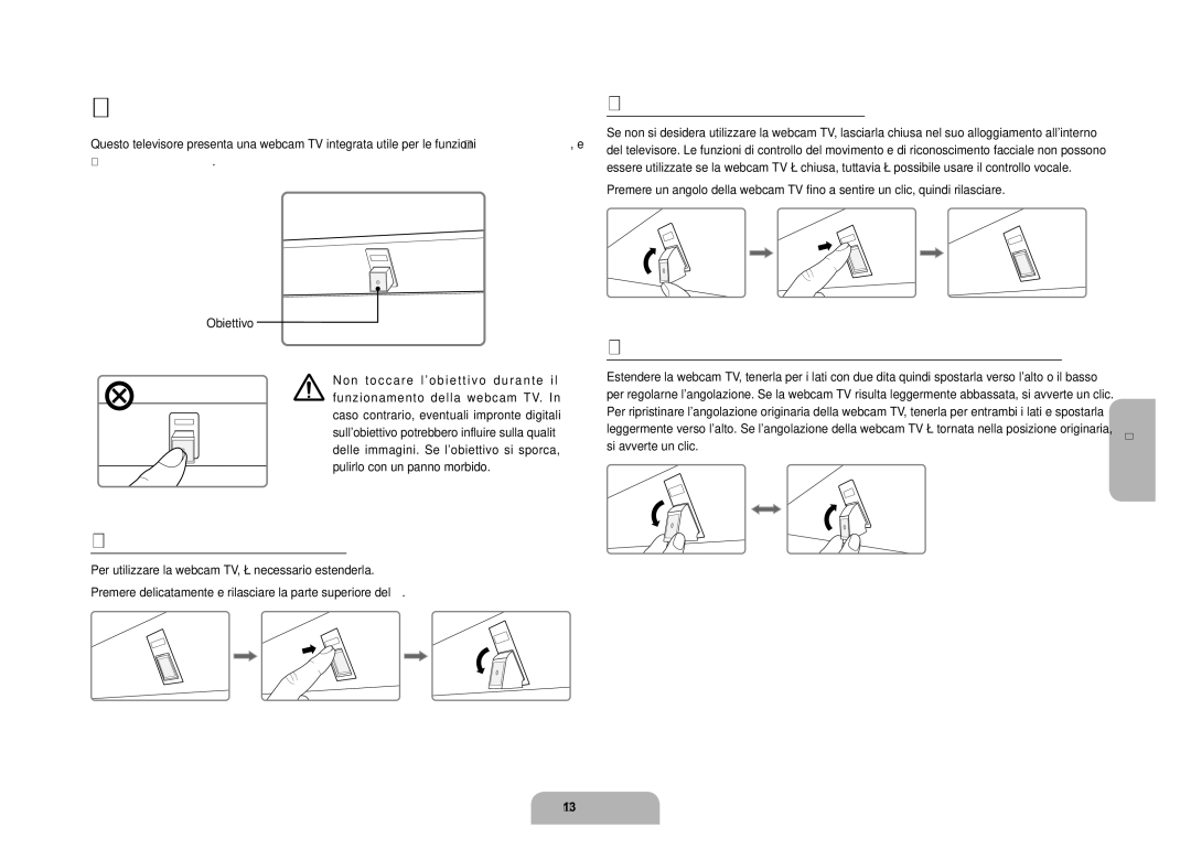 Samsung UE110S9STXZG manual Webcam TV integrata, Apertura della webcam TV, Chiusura della webcam TV, Obiettivo 