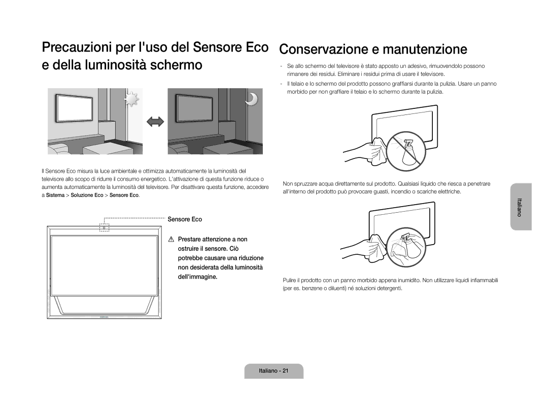 Samsung UE110S9STXZG manual Conservazione e manutenzione, Sensore Eco 