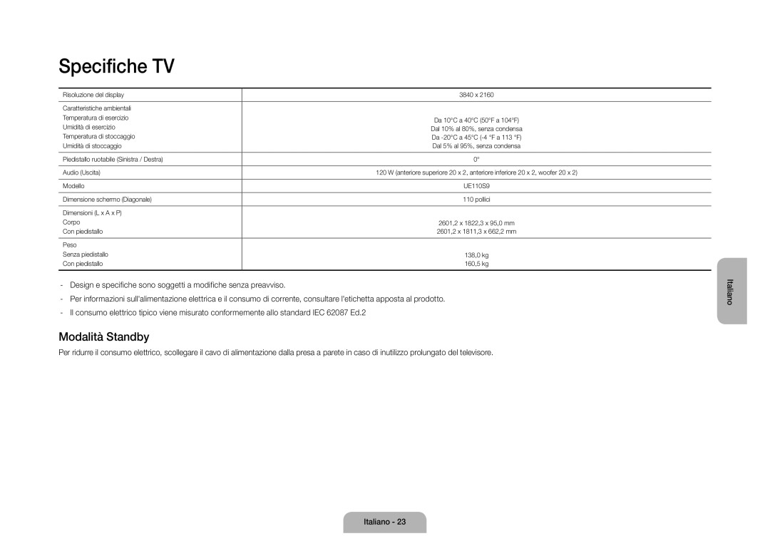 Samsung UE110S9STXZG manual Specifiche TV, Modalità Standby 