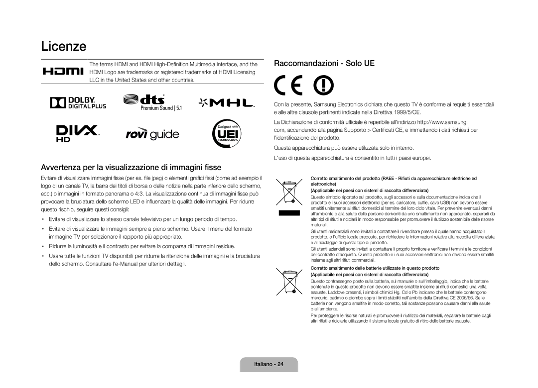 Samsung UE110S9STXZG manual Licenze, Avvertenza per la visualizzazione di immagini fisse, Raccomandazioni Solo UE 