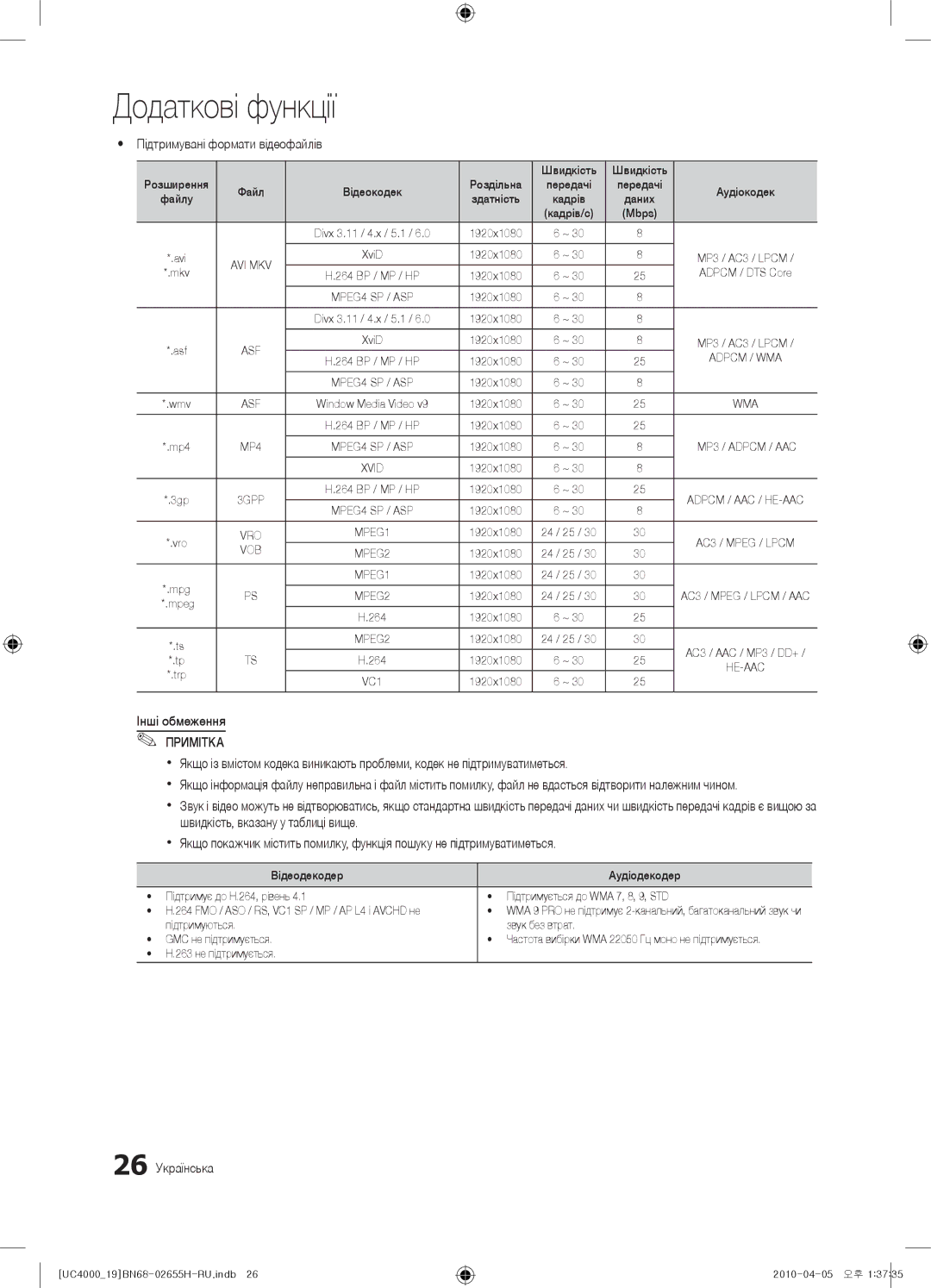 Samsung UE26C4000PWXXH, UE19C4000PWXZG, UE19C4000PWXXC Yy Підтримувані формати відеофайлів, Інші обмеження, 26 Українська 