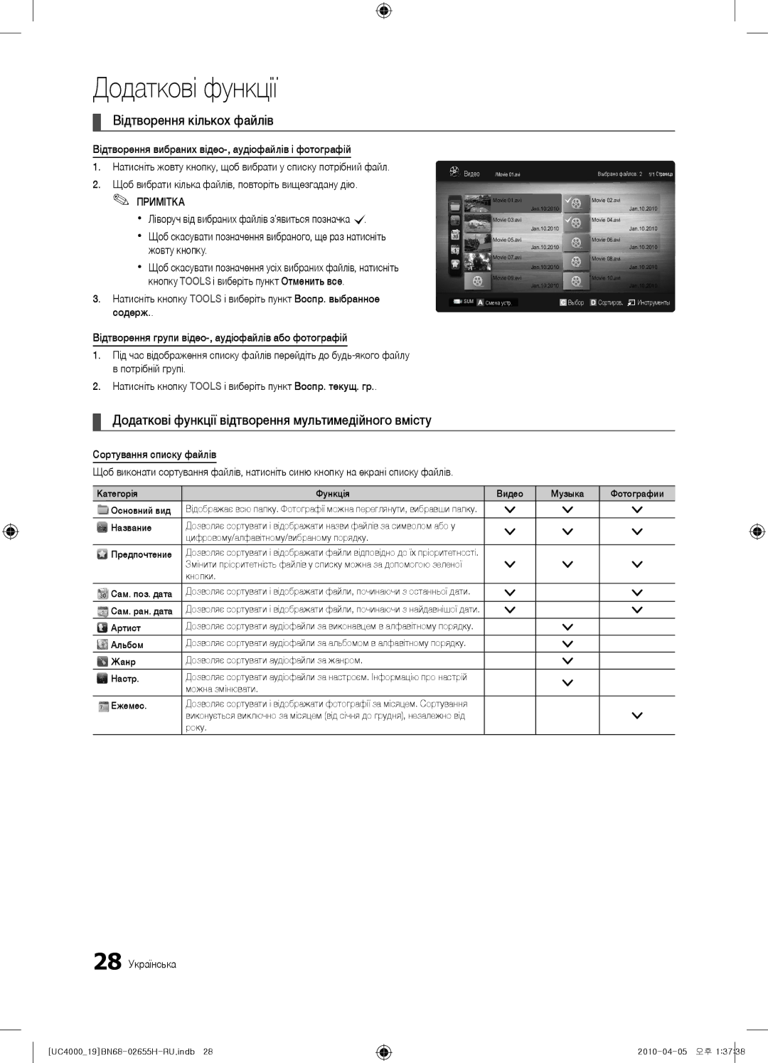 Samsung UE22C4000PWXBT Відтворення кількох файлів, Додаткові функції відтворення мультимедійного вмісту, 28 Українська 