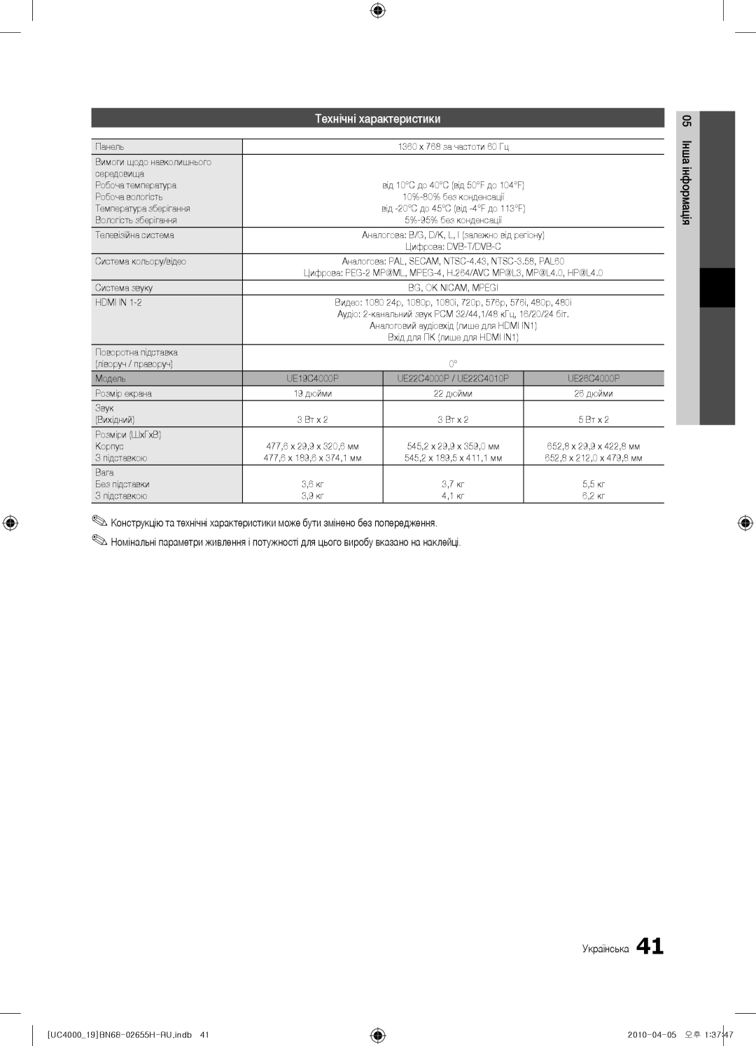 Samsung UE22C4000PWXXH, UE19C4000PWXZG, UE19C4000PWXXC, UE26C4000PWXZG, UE22C4000PWXZG, UE22C4010PWXZG Технічні характеристики 