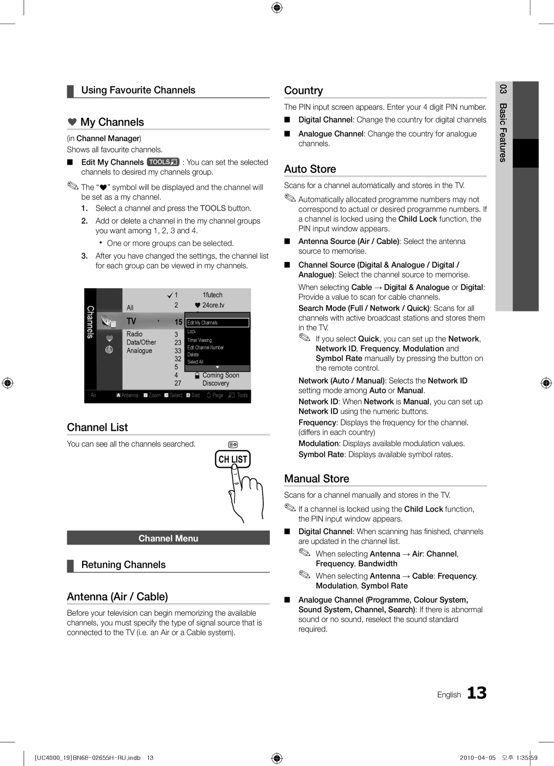 Samsung UE22C4000PWXRU, UE19C4000PWXZG My Channels, Country, Auto Store, Channel List, Antenna Air / Cable, Manual Store 