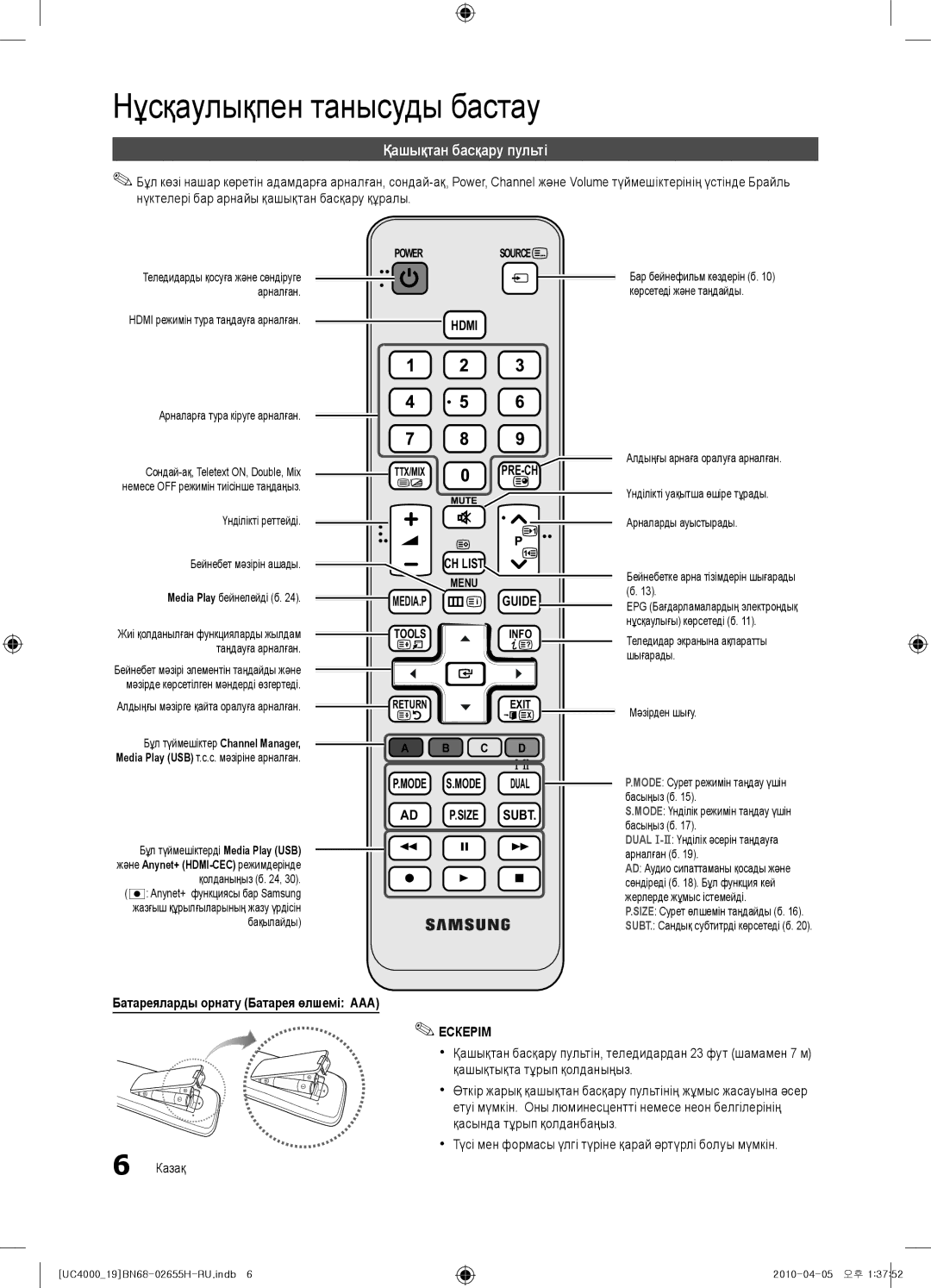 Samsung UE22C4000PWXRU manual Қашықтан басқару пульті, Батареяларды орнату Батарея өлшемі AAA, Media Play бейнелейді б 