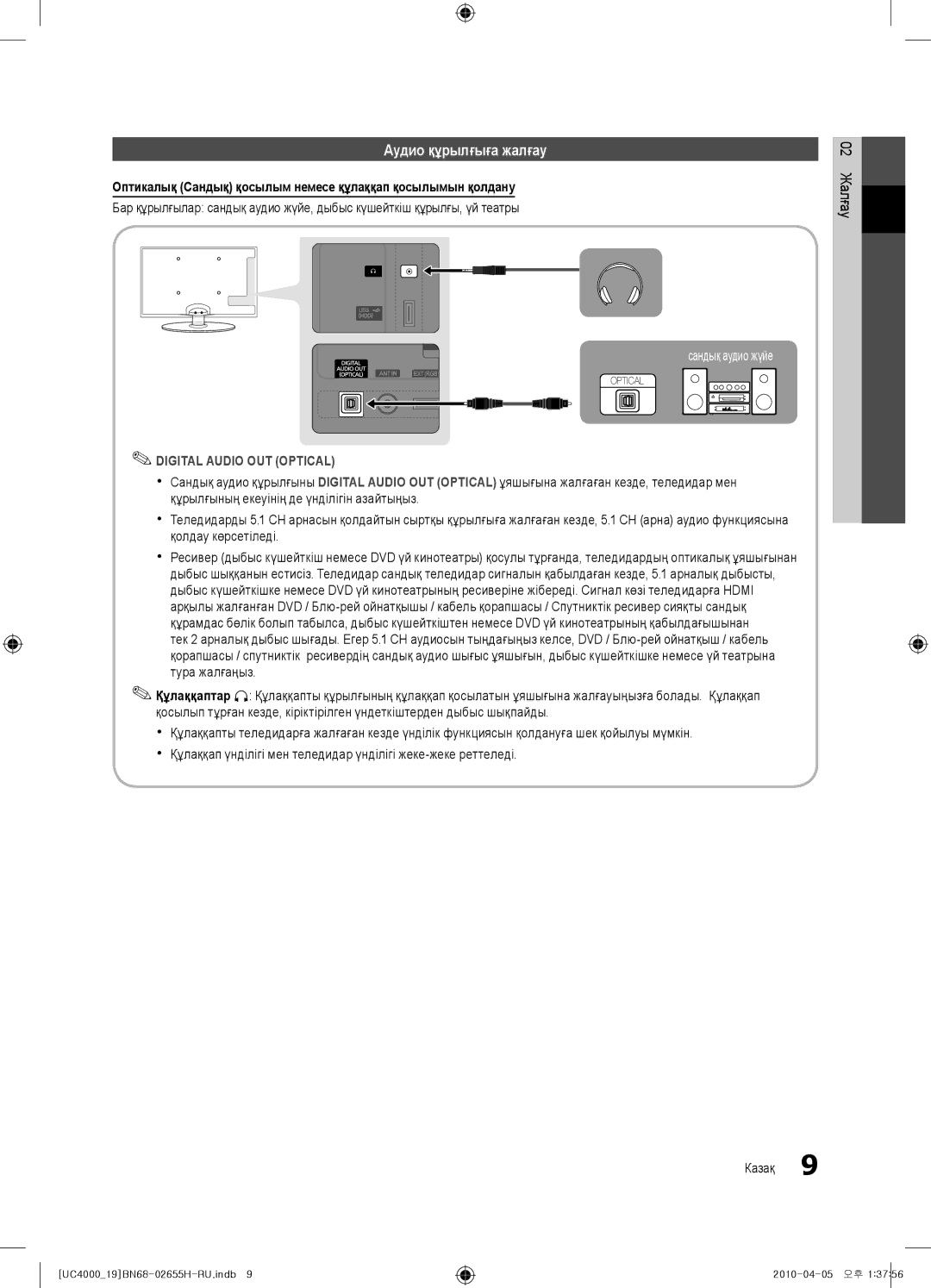 Samsung UE19C4000PWXRU, UE19C4000PWXZG Аудио құрылғыға жалғау, Оптикалық Сандық қосылым немесе құлаққап қосылымын қолдану 