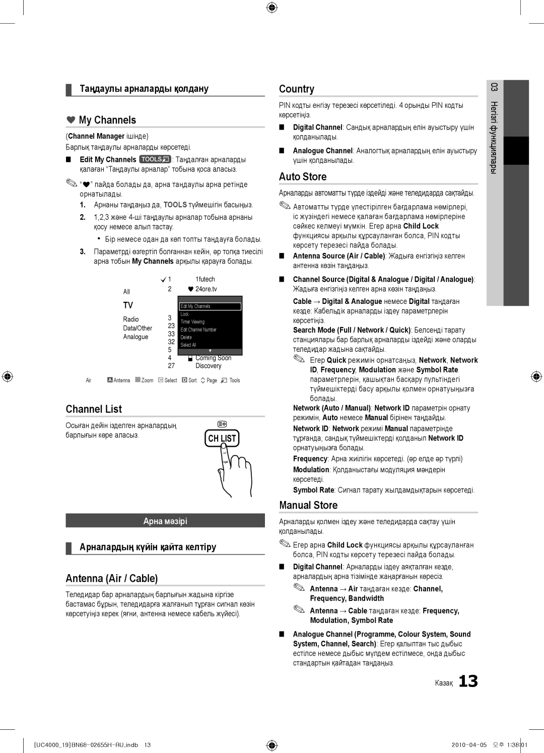 Samsung UE22C4000PWXZG, UE19C4000PWXZG My Channels, Country, Auto Store, Channel List, Antenna Air / Cable, Manual Store 