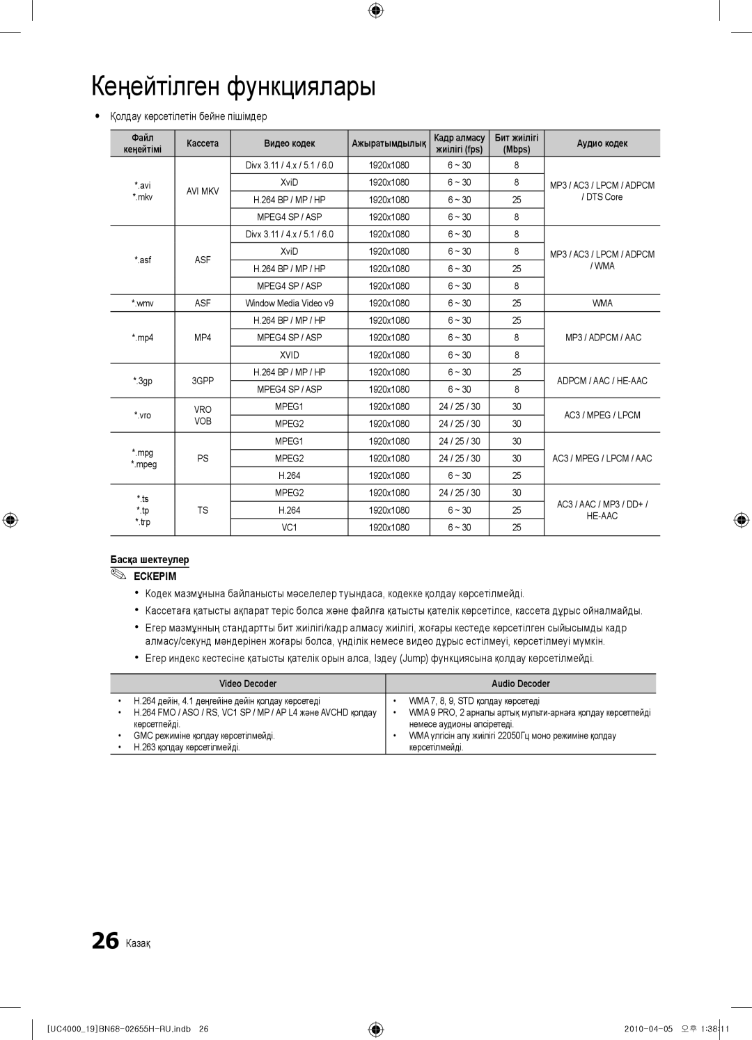 Samsung UE19C4000PWXRU, UE19C4000PWXZG, UE19C4000PWXXC, UE26C4000PWXZG manual Yy Қолдау көрсетілетін бейне пішімдер, 26 Казақ 