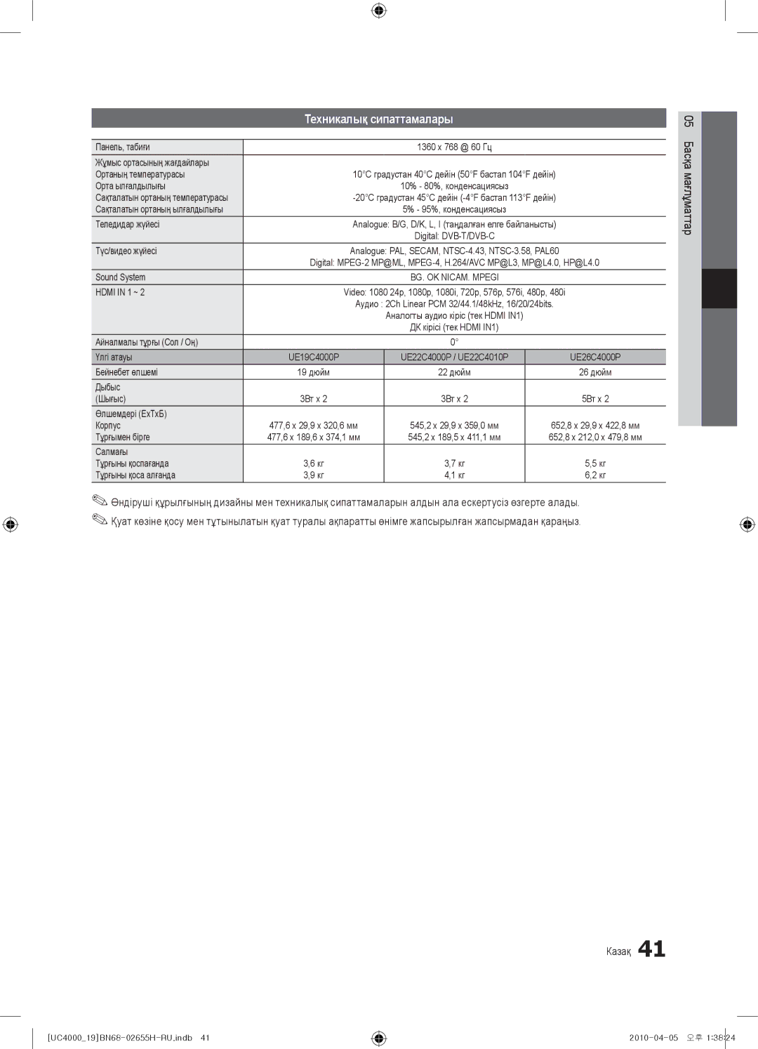 Samsung UE26C4000PWXRU, UE19C4000PWXZG, UE19C4000PWXXC, UE26C4000PWXZG, UE22C4000PWXZG manual Техникалық сипаттамалары 