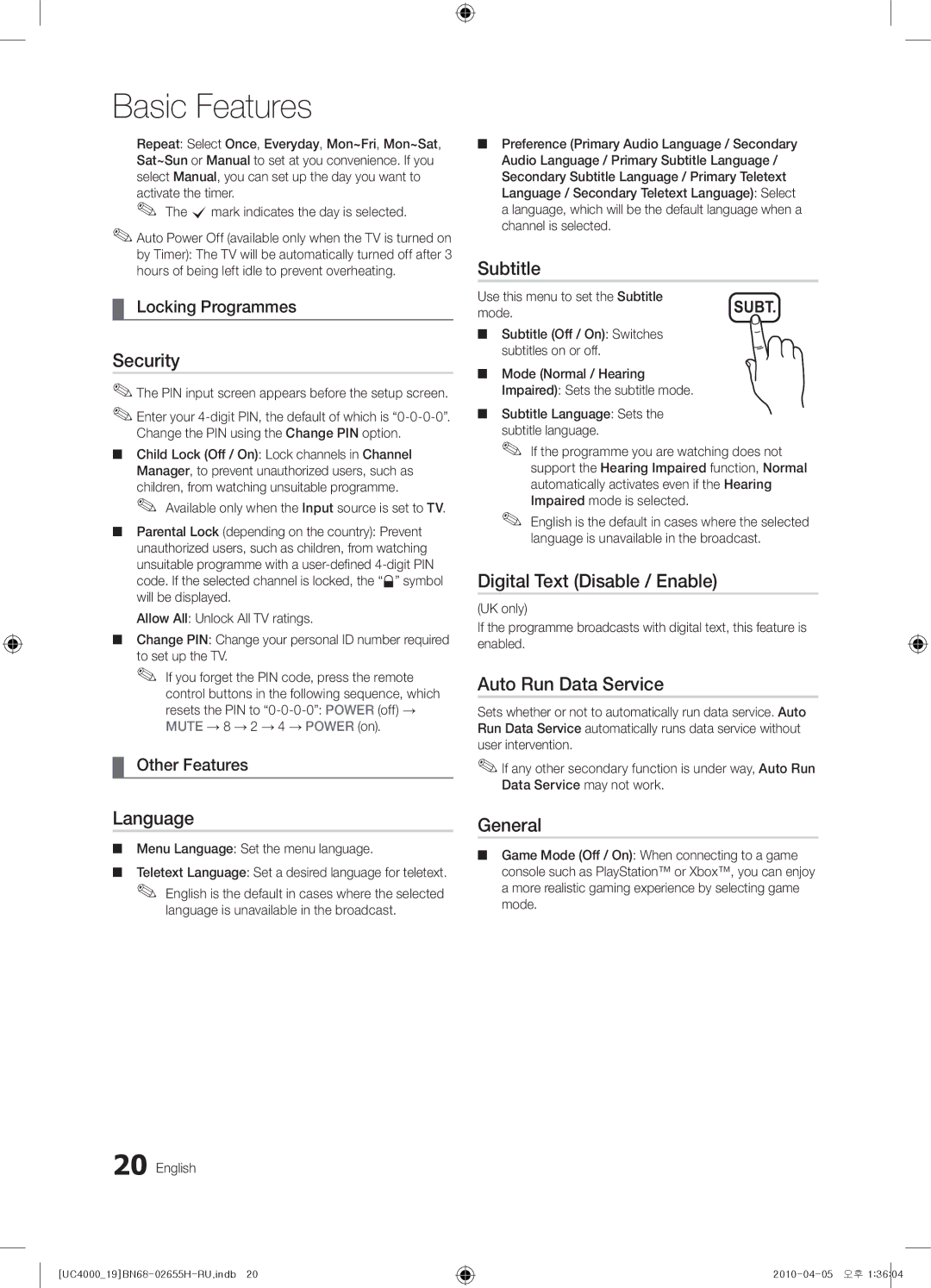 Samsung UE22C4000PWXZG manual Security, Subtitle, Digital Text Disable / Enable, Auto Run Data Service, Language, General 