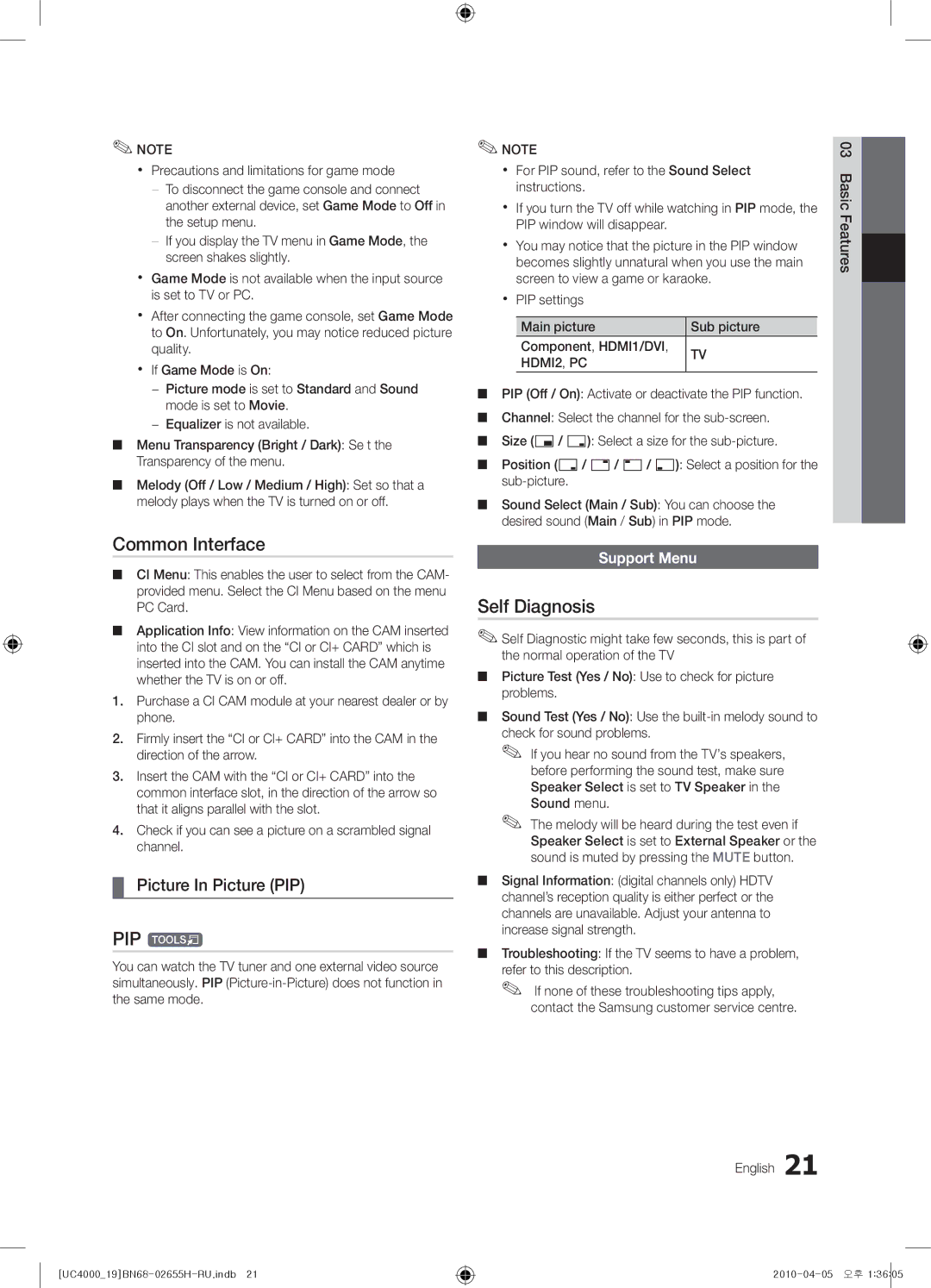 Samsung UE22C4010PWXZG, UE19C4000PWXZG manual Common Interface, PIP t, Self Diagnosis, Picture In Picture PIP, Support Menu 