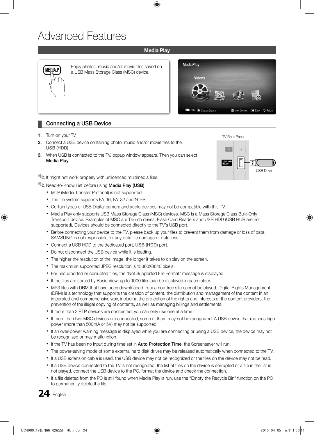 Samsung UE19C4000PWXXH manual Connecting a USB Device, Media Play, Enjoy photos, music and/or movie fi les saved on 