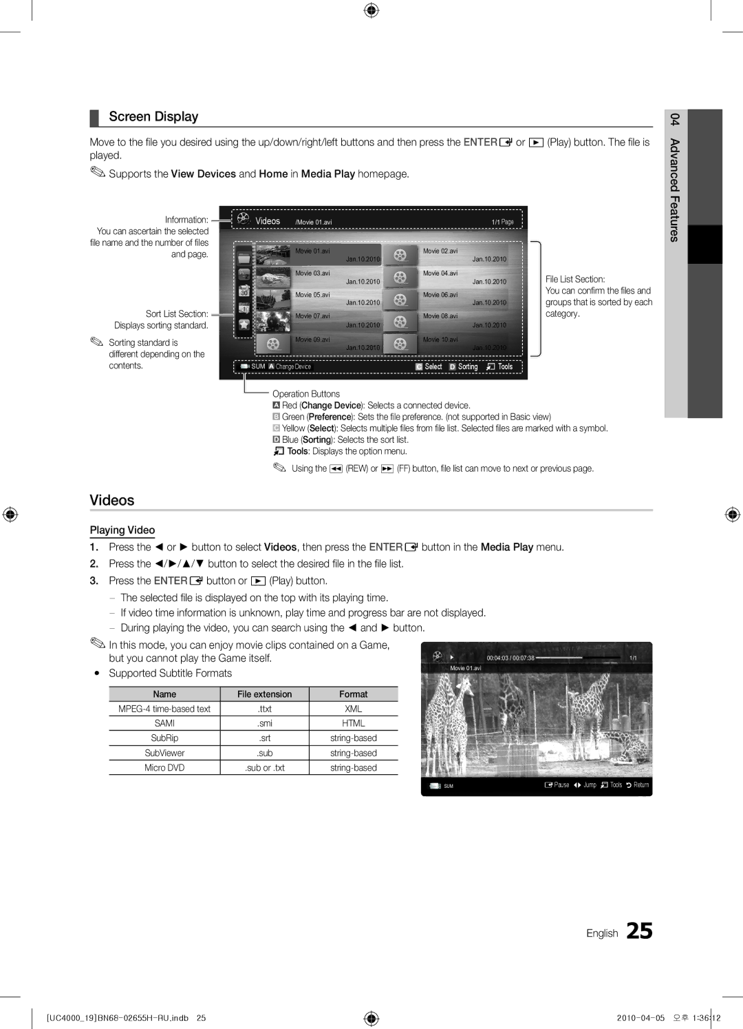 Samsung UE26C4000PWXXH manual Videos, Screen Display, But you cannot play the Game itself, Yy Supported Subtitle Formats 