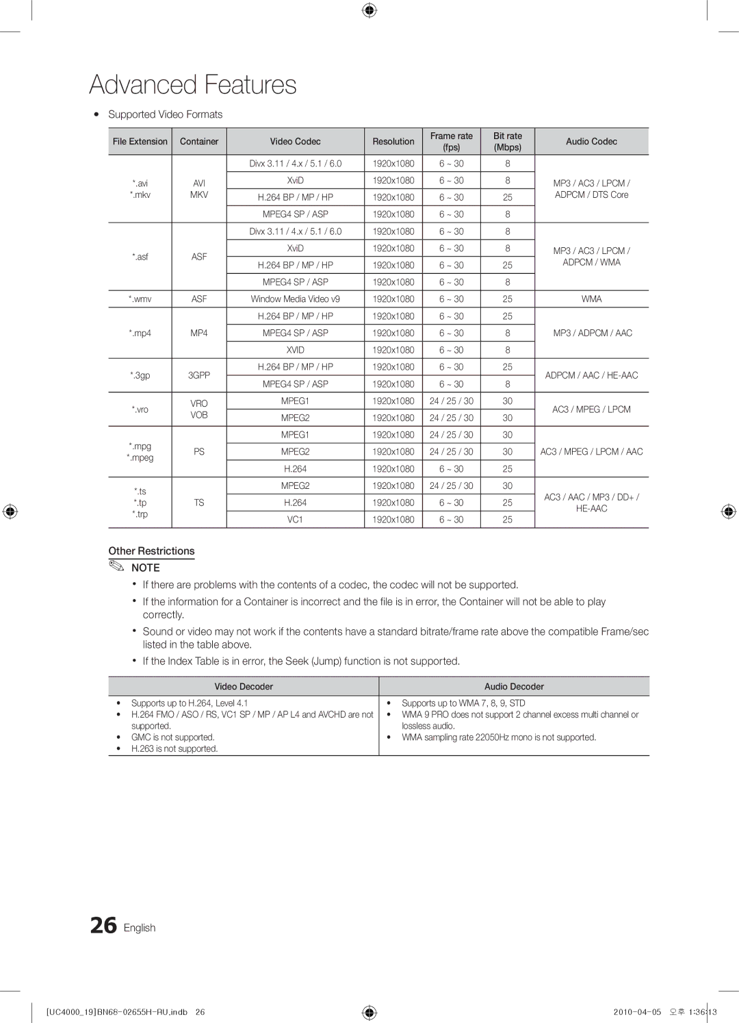 Samsung UE19C4005PWXXE, UE19C4000PWXZG manual Yy Supported Video Formats, Mbps, Mkv, 1920x1080 Adpcm / DTS Core 