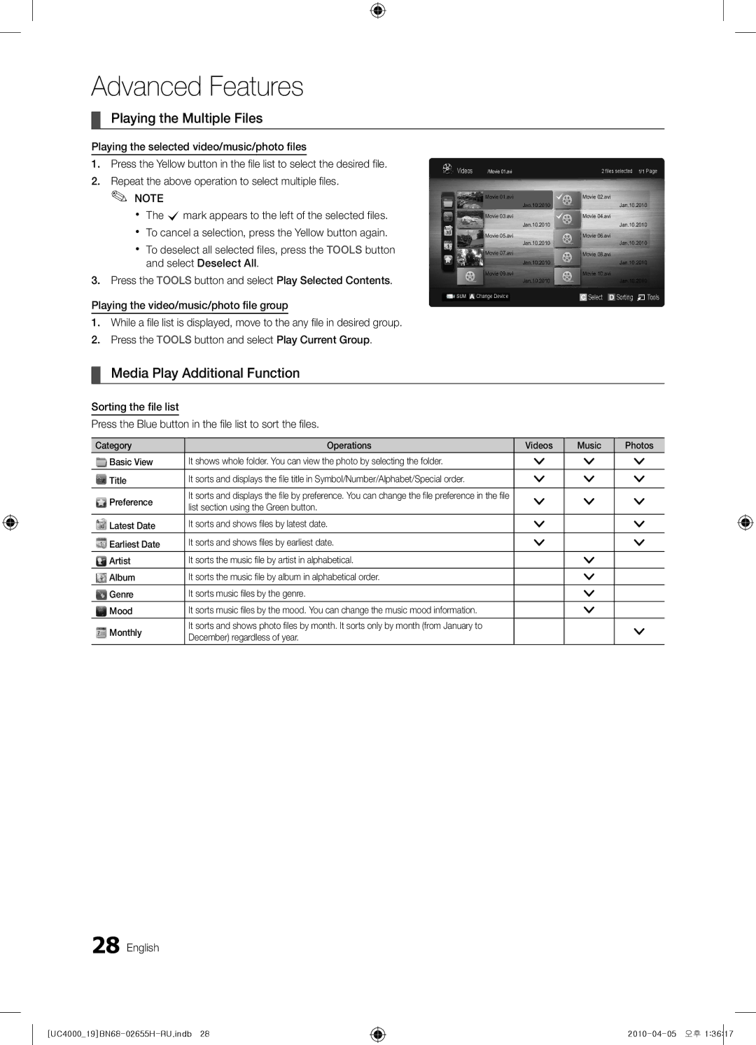 Samsung UE26C4000PWXBT, UE19C4000PWXZG Playing the Multiple Files, Media Play Additional Function, Preference, Monthly 