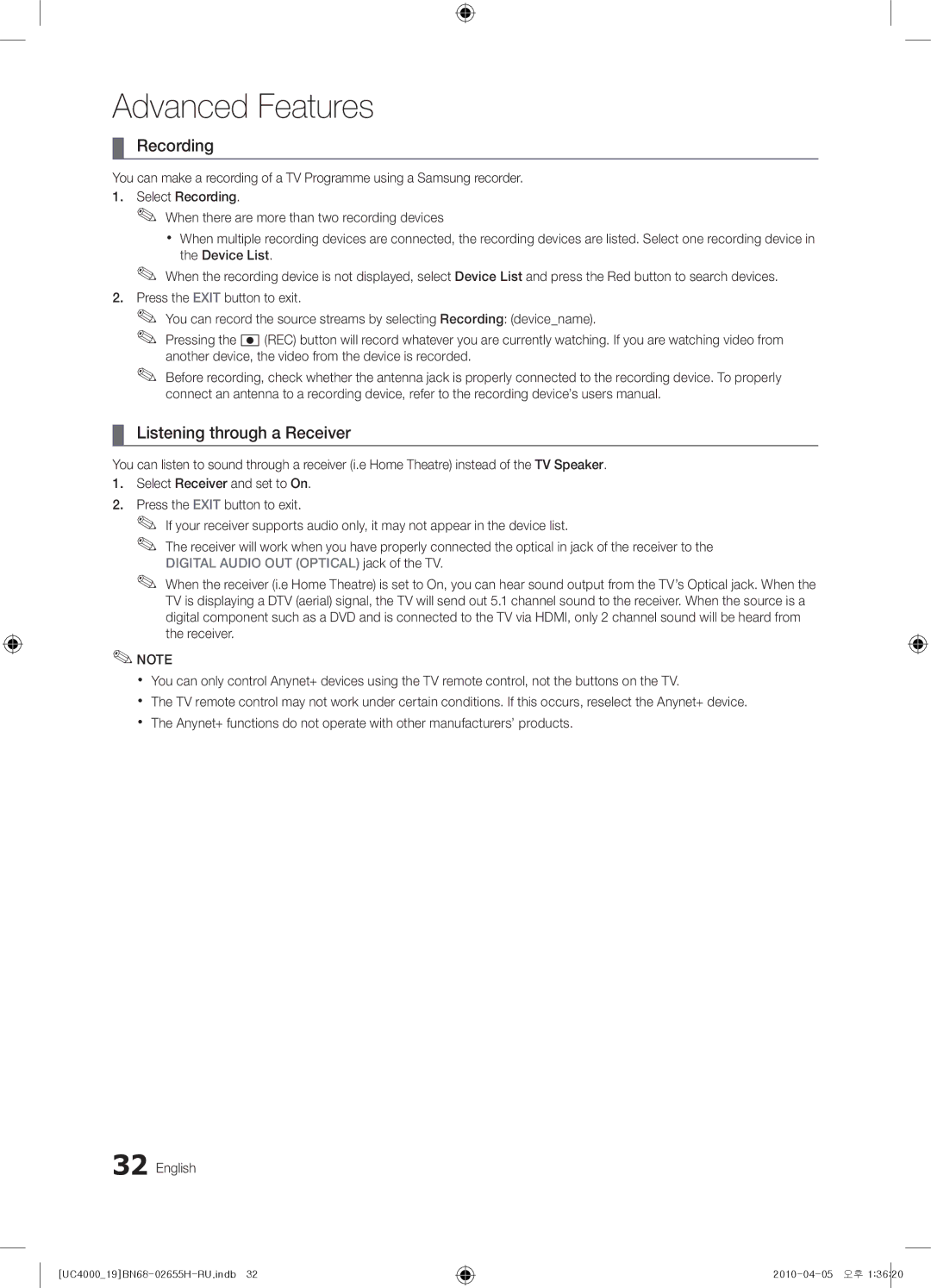 Samsung UE22C4010PWXRU, UE19C4000PWXZG, UE19C4000PWXXC, UE26C4000PWXZG manual Recording, Listening through a Receiver 