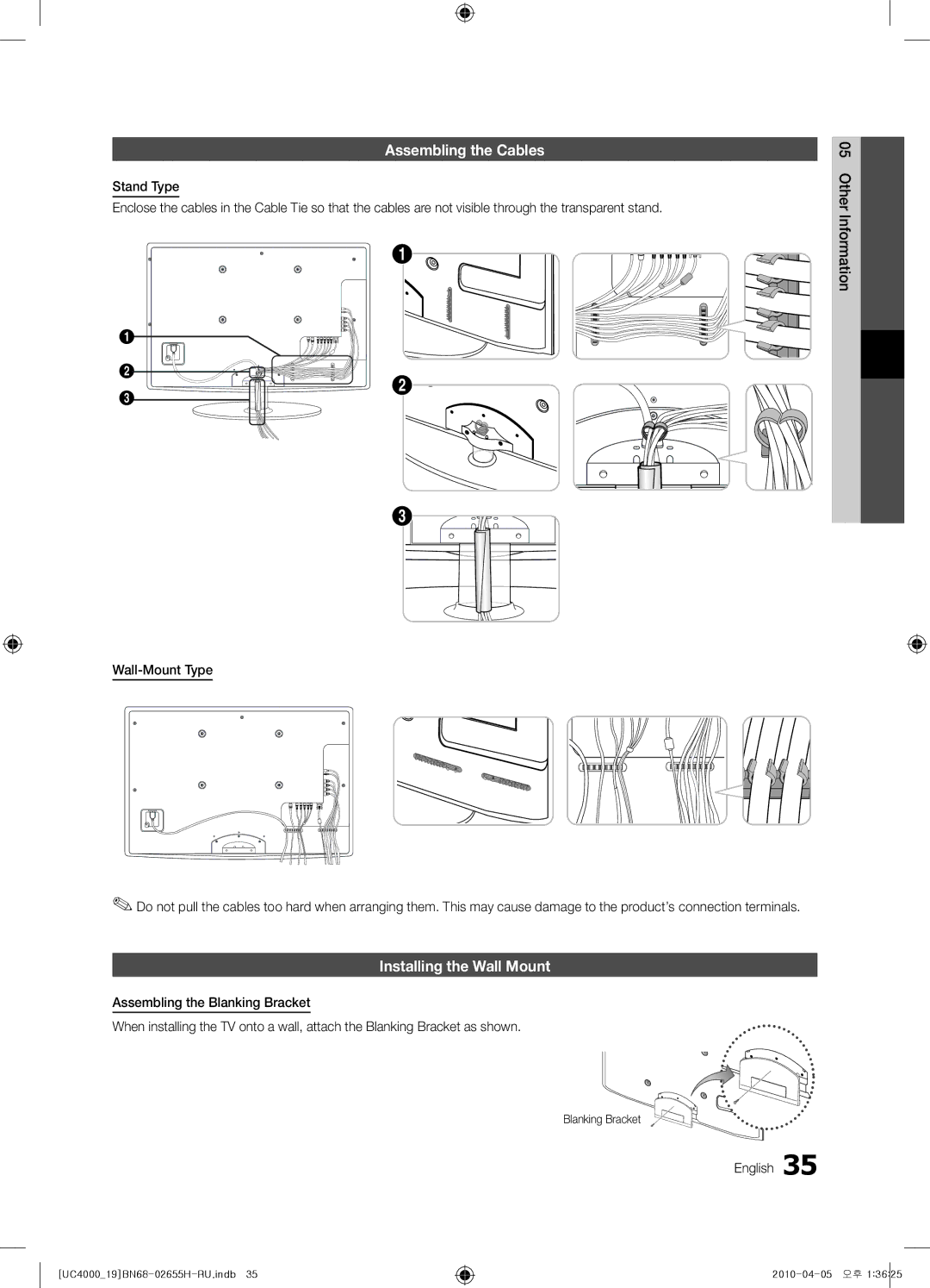 Samsung UE19C4000PWXXC, UE19C4000PWXZG, UE26C4000PWXZG Assembling the Cables, Installing the Wall Mount, Blanking Bracket 