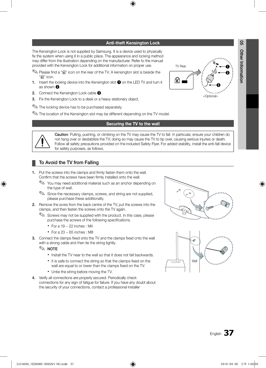 Samsung UE22C4000PWXZG To Avoid the TV from Falling, Anti-theft Kensington Lock, Securing the TV to the wall, TV Rear 