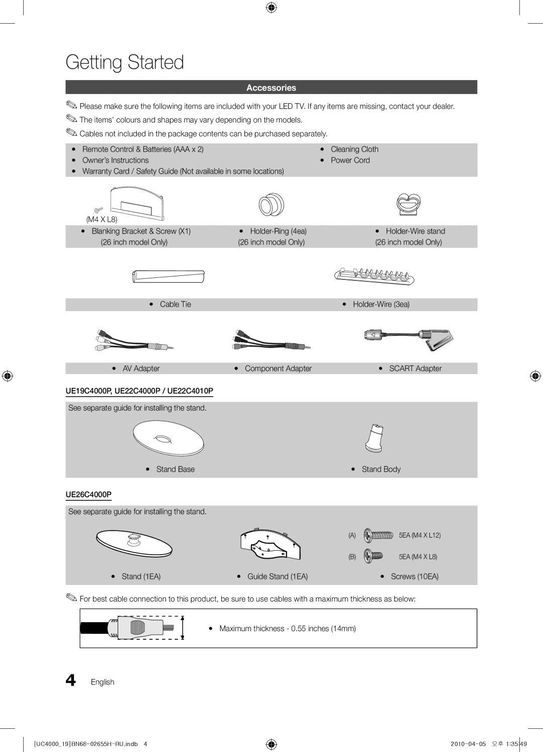 Samsung UE22C4010PWXZG, UE19C4000PWXZG, UE19C4000PWXXC, UE26C4000PWXZG, UE22C4000PWXZG manual Getting Started, Accessories 