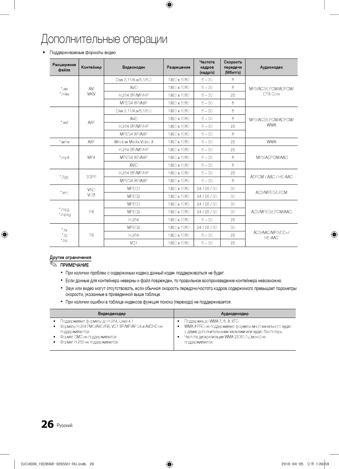 Samsung UE19C4000PWXZG, UE19C4000PWXXC, UE26C4000PWXZG manual Yy Поддерживаемые форматы видео, Другие ограничения, 26 Русский 