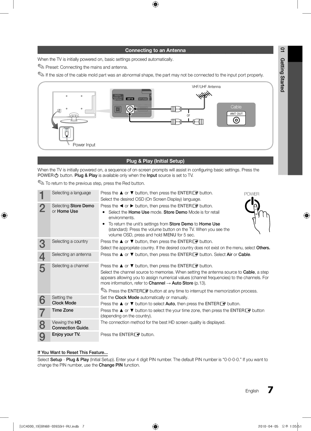 Samsung UE19C4000PWXXH, UE19C4000PWXZG, UE19C4000PWXXC, UE26C4000PWXZG Connecting to an Antenna, Plug & Play Initial Setup 