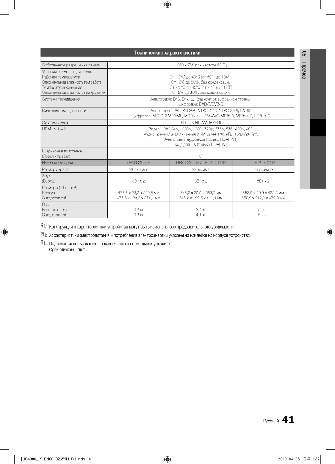 Samsung UE22C4010PWXRU, UE19C4000PWXZG, UE19C4000PWXXC, UE26C4000PWXZG, UE22C4000PWXZG manual Технические характеристики 