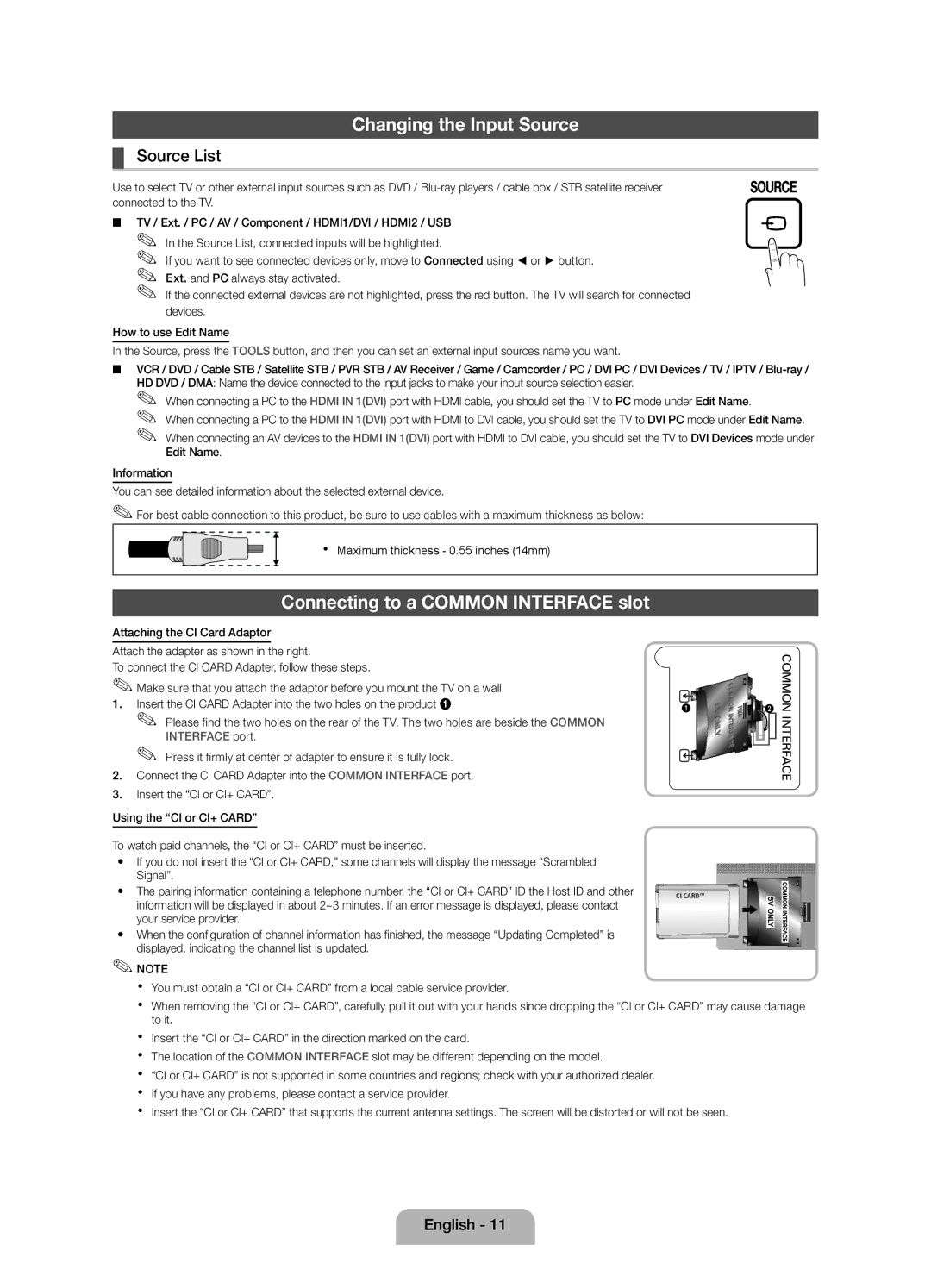 Samsung UE19D4020NWXRU, UE19D4000NWXRU, UE19D4010NWXRU Changing the Input Source, Connecting to a Common Interface slot 